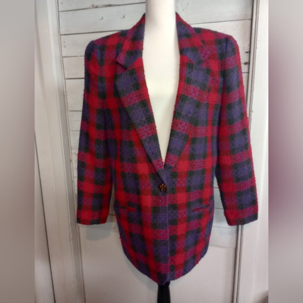 Vintage Requirements Wool Blend Plaid Tweed Blazer Size 12 Multicolor Preppy